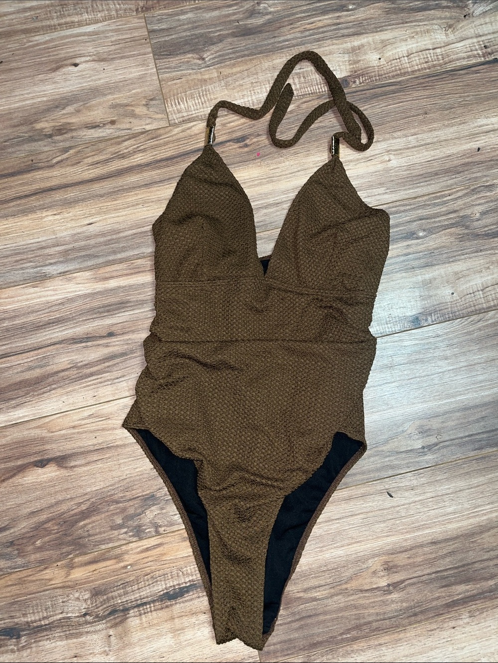 2XL Brown Textured Halter One-Piece Swimsuit